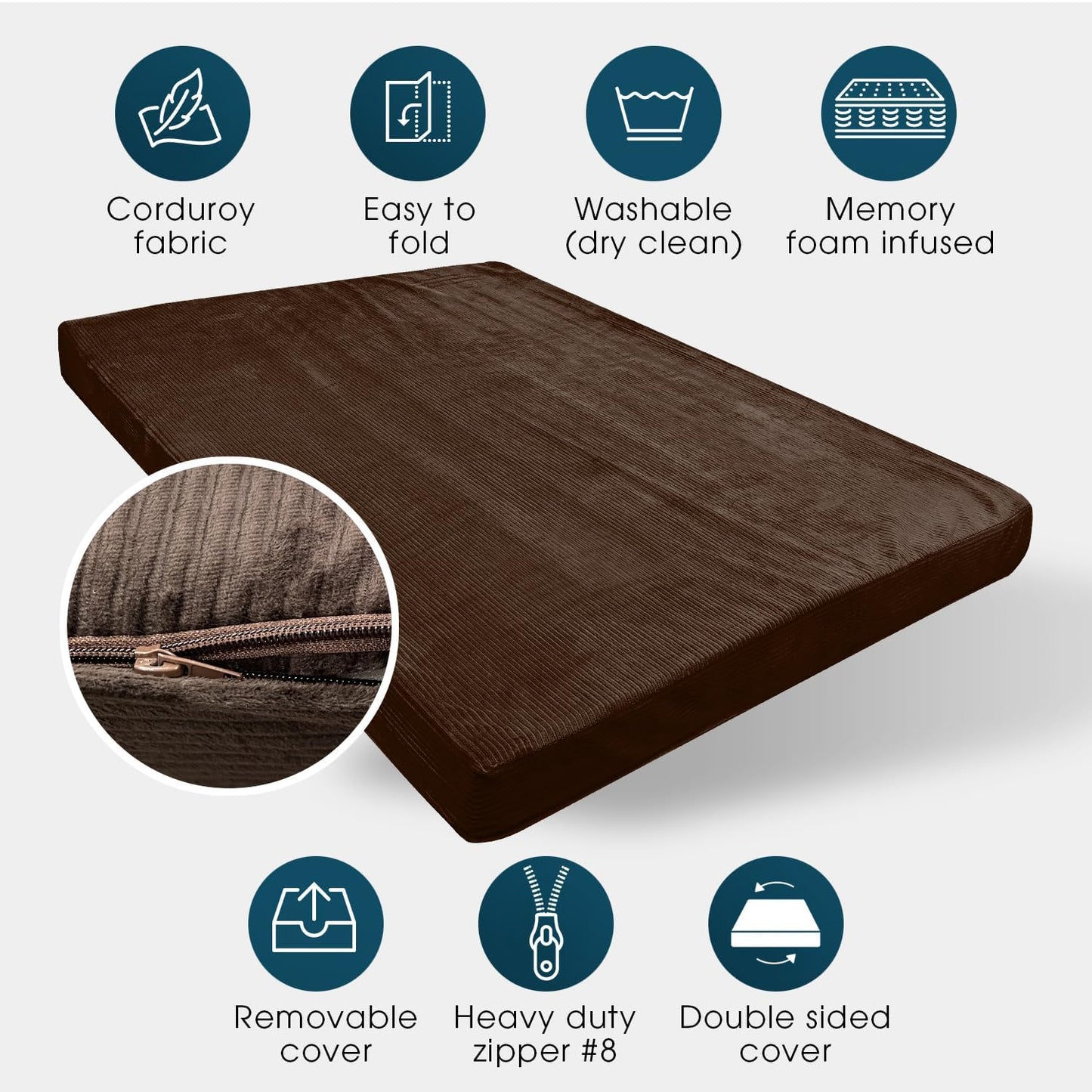 Foamma Memory Foam Futon Mattress, Double-Sided Full-Size Foldout Couch Mattress, 6" Thick, Corduroy Fabric, Heavy Duty Sofa Bed Cushion (Frame Not Included), Brown
