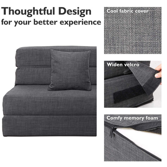 ANONER 60" Foldable Sofa Bed Couch, Memory Foam Futon Sleeper with 2 Pillows, Washable Cover, Queen Size, Dark Gray
