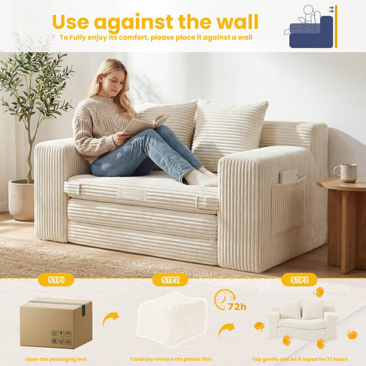 Boneless 3-in-1 Loveseat Sleeper Sofa Bed, Foldable Futon with Side Pockets & Handle, Pull-Out Couch with 2 Pillows, Corduroy, No Assembly