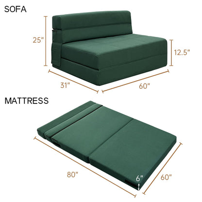 ANONER Fold-Out Couch Bed, Memory Foam Queen Futon Sleeper Chair with 2 Pillows, Convertible Guest Couch, Washable Cover, Dark Green