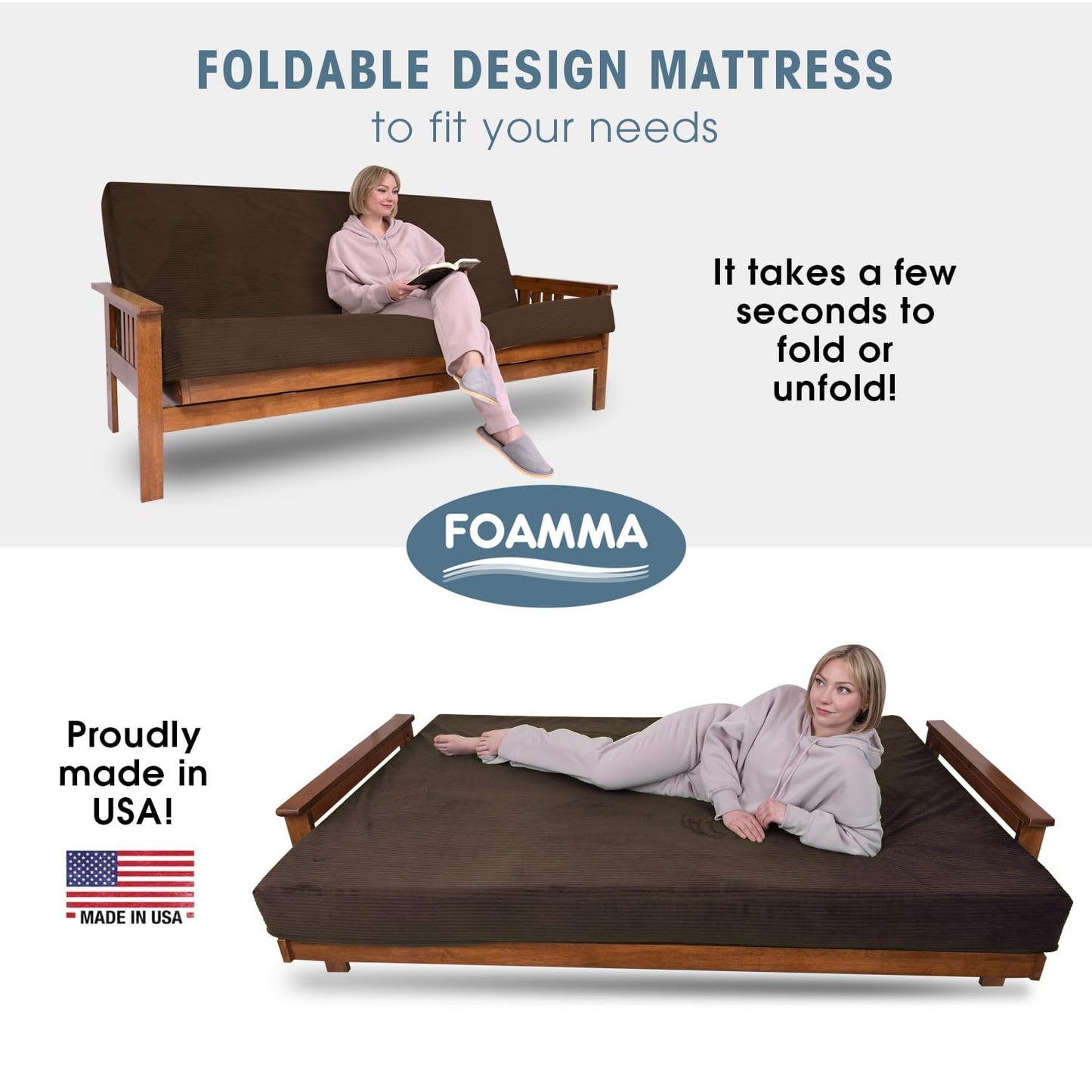 Foamma Memory Foam Futon Mattress, Double-Sided Full-Size Foldout Couch Mattress, 6" Thick, Corduroy Fabric, Heavy Duty Sofa Bed Cushion (Frame Not Included), Brown