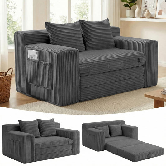 Boneless 3-in-1 Loveseat Sleeper Sofa Bed, Foldable Futon with Side Pockets & Handle, Pull-Out Couch with 2 Pillows, Corduroy Fabric, No Assembly