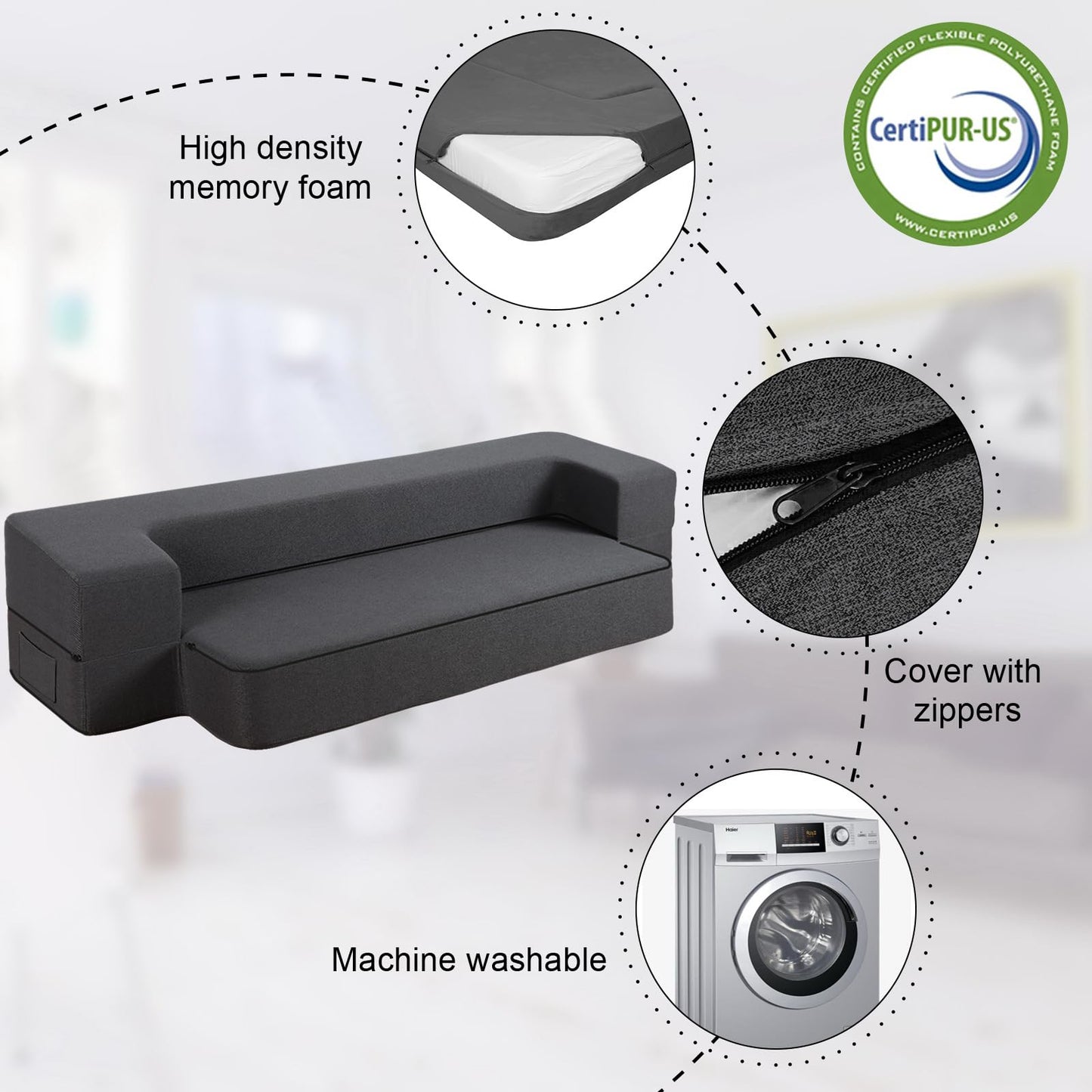 HonTop 10" Modern Folding Sofa Bed, Memory Foam Futon Couch Sleeper Chair, Full-Size Mattress for Living Room & Guest, Dark Grey