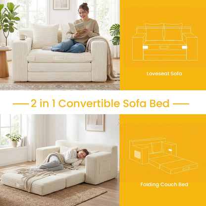 Boneless 3-in-1 Loveseat Sleeper Sofa Bed, Foldable Futon with Side Pockets & Handle, Pull-Out Couch with 2 Pillows, Corduroy, No Assembly