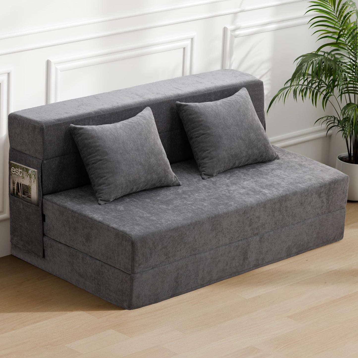 HOMFINE Folding Sofa Bed, Convertible Sleeper Chair with Pillow, Memory Foam Futon Couch, Fold-Out Lazy Sofa for Living Room, Dorm, Guest Room, Queen, Grey