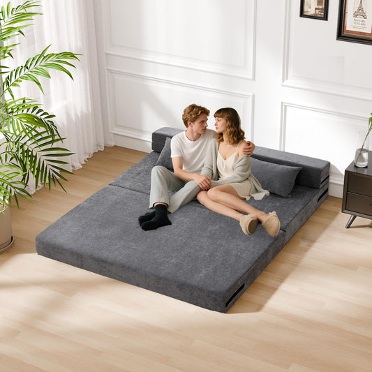 HOMFINE Folding Sofa Bed, Convertible Sleeper Chair with Pillow, Memory Foam Futon Couch, Fold-Out Lazy Sofa for Living Room, Dorm, Guest Room, Queen, Grey