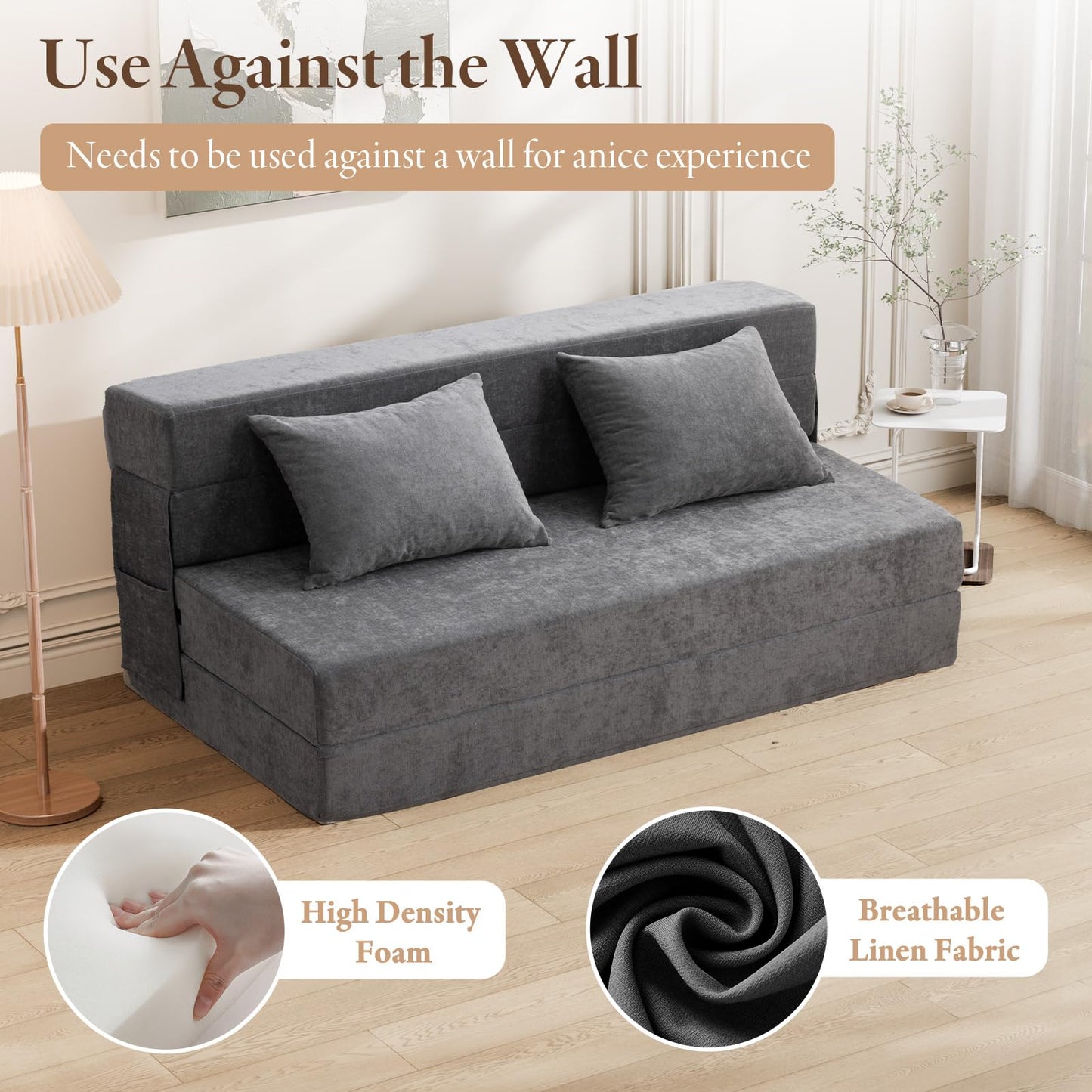 HOMFINE Folding Sofa Bed, Convertible Sleeper Chair with Pillow, Memory Foam Futon Couch, Fold-Out Lazy Sofa for Living Room, Dorm, Guest Room, Queen, Grey