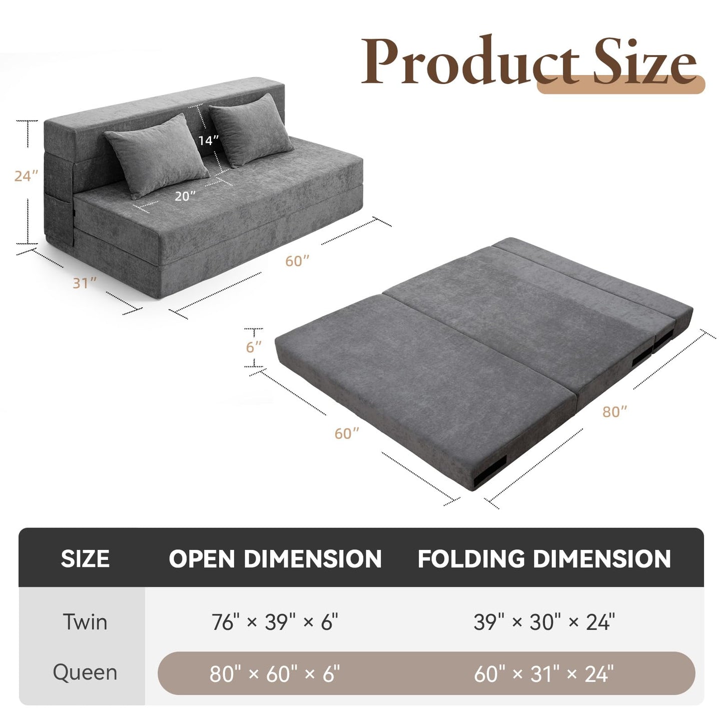 HOMFINE Folding Sofa Bed, Convertible Sleeper Chair with Pillow, Memory Foam Futon Couch, Fold-Out Lazy Sofa for Living Room, Dorm, Guest Room, Queen, Grey
