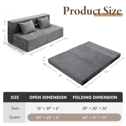HOMFINE Folding Sofa Bed, Convertible Sleeper Chair with Pillow, Memory Foam Futon Couch, Fold-Out Lazy Sofa for Living Room, Dorm, Guest Room, Queen, Grey
