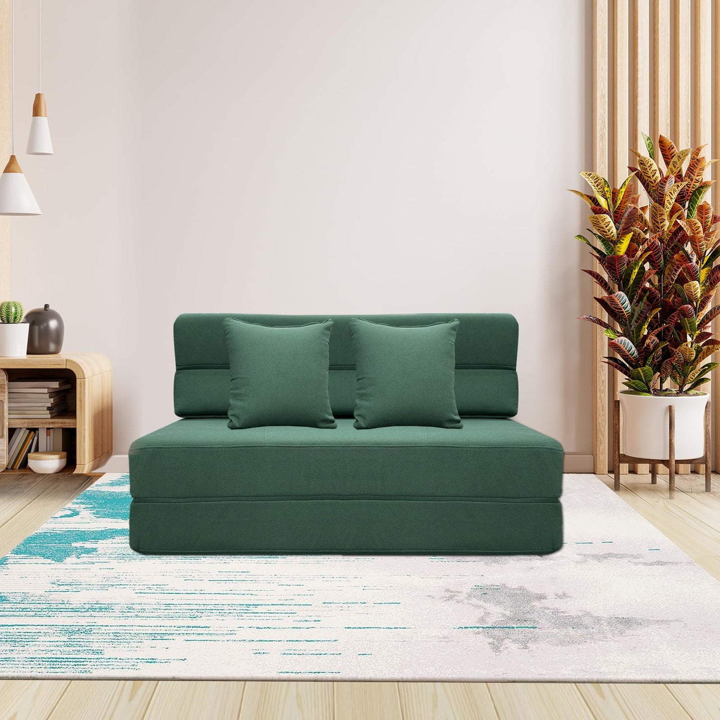 ANONER Fold-Out Couch Bed, Memory Foam Queen Futon Sleeper Chair with 2 Pillows, Convertible Guest Couch, Washable Cover, Dark Green