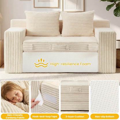 Boneless 3-in-1 Loveseat Sleeper Sofa Bed, Foldable Futon with Side Pockets & Handle, Pull-Out Couch with 2 Pillows, Corduroy, No Assembly