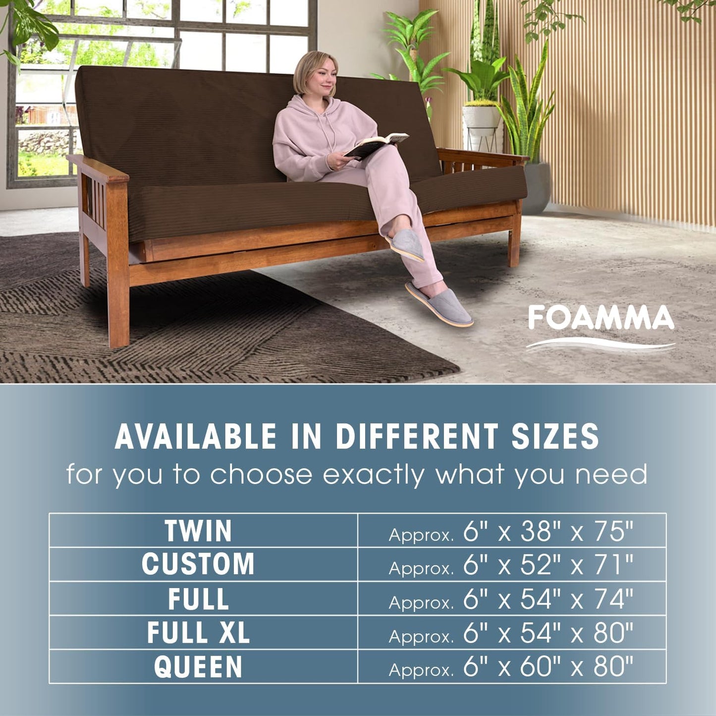 Foamma Memory Foam Futon Mattress, Double-Sided Full-Size Foldout Couch Mattress, 6" Thick, Corduroy Fabric, Heavy Duty Sofa Bed Cushion (Frame Not Included), Brown