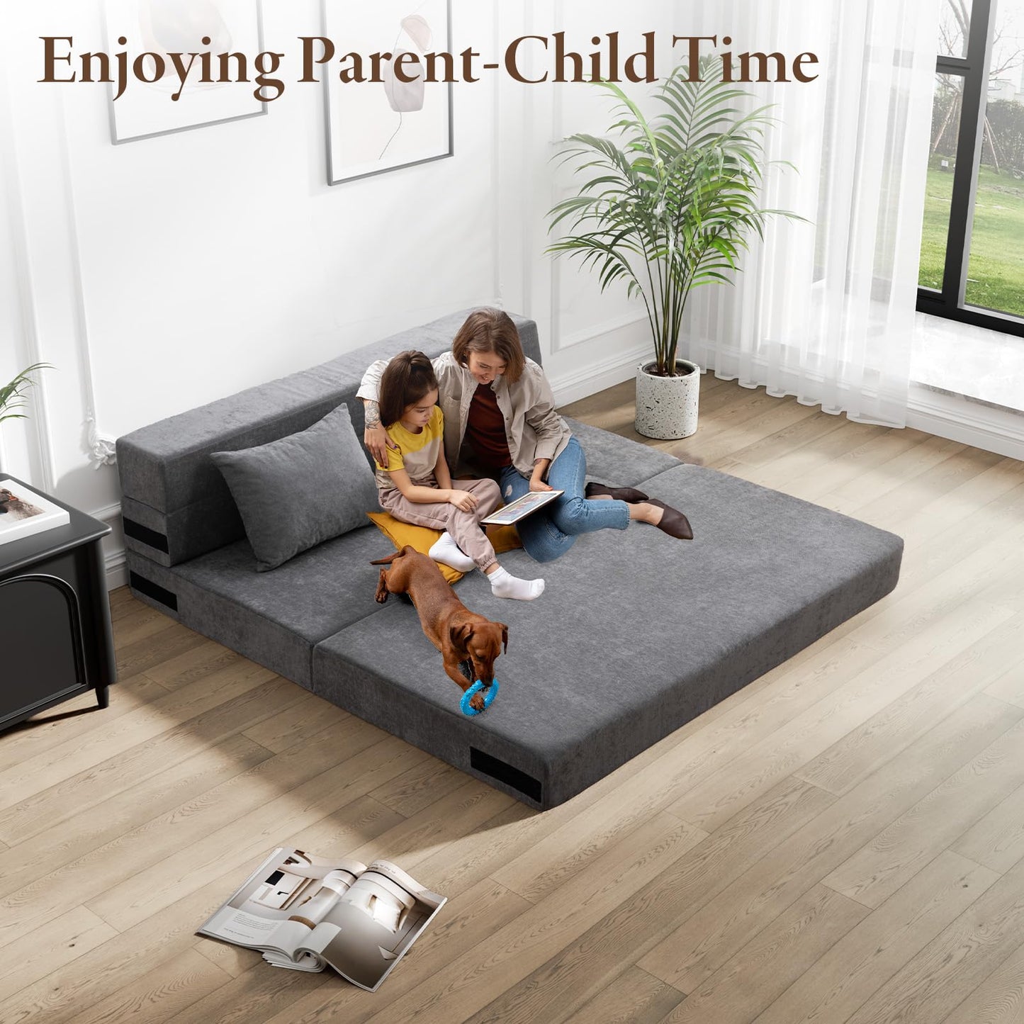 HOMFINE Folding Sofa Bed, Convertible Sleeper Chair with Pillow, Memory Foam Futon Couch, Fold-Out Lazy Sofa for Living Room, Dorm, Guest Room, Queen, Grey