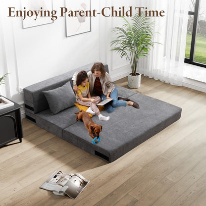 HOMFINE Folding Sofa Bed, Convertible Sleeper Chair with Pillow, Memory Foam Futon Couch, Fold-Out Lazy Sofa for Living Room, Dorm, Guest Room, Queen, Grey