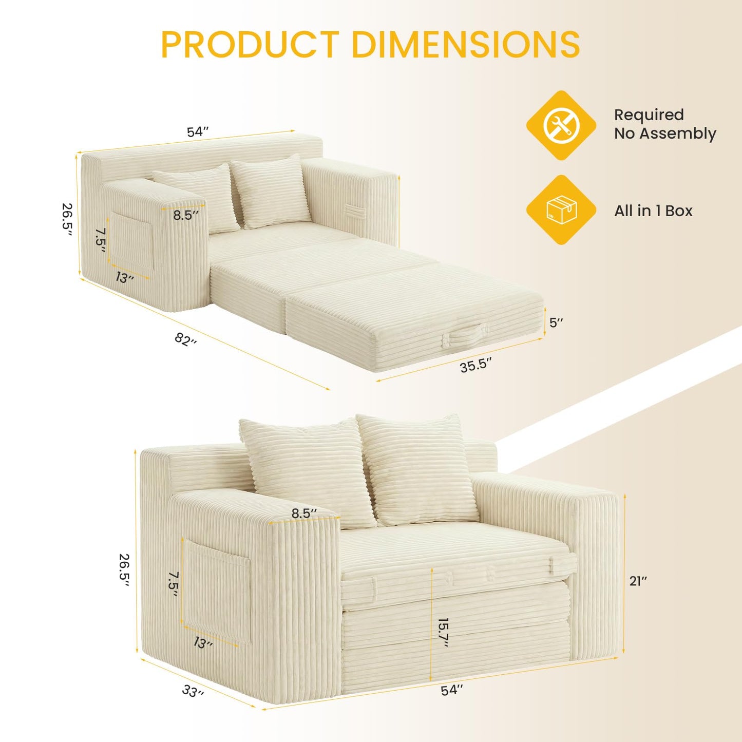 Boneless 3-in-1 Loveseat Sleeper Sofa Bed, Foldable Futon with Side Pockets & Handle, Pull-Out Couch with 2 Pillows, Corduroy, No Assembly