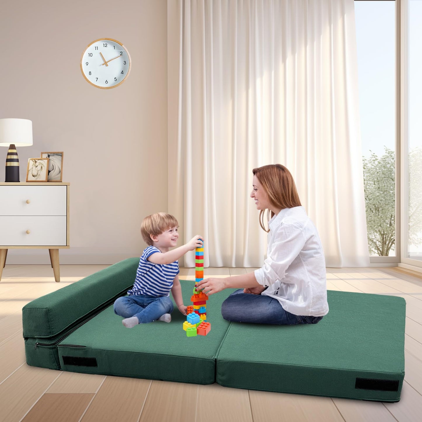 ANONER Fold-Out Couch Bed, Memory Foam Queen Futon Sleeper Chair with 2 Pillows, Convertible Guest Couch, Washable Cover, Dark Green