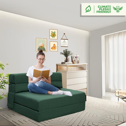 ANONER Fold-Out Couch Bed, Memory Foam Queen Futon Sleeper Chair with 2 Pillows, Convertible Guest Couch, Washable Cover, Dark Green
