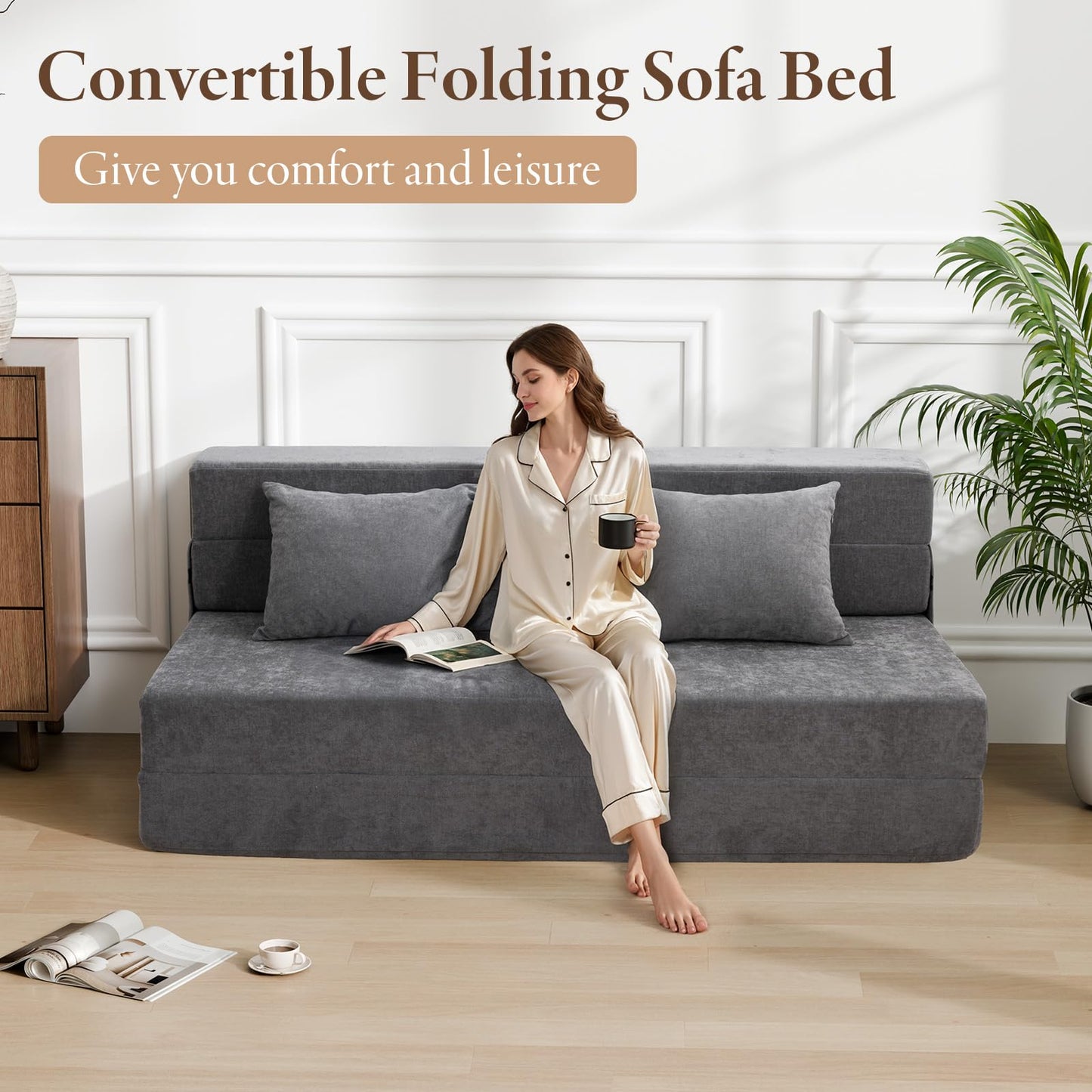 HOMFINE Folding Sofa Bed, Convertible Sleeper Chair with Pillow, Memory Foam Futon Couch, Fold-Out Lazy Sofa for Living Room, Dorm, Guest Room, Queen, Grey