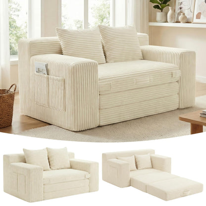 Boneless 3-in-1 Loveseat Sleeper Sofa Bed, Foldable Futon with Side Pockets & Handle, Pull-Out Couch with 2 Pillows, Corduroy, No Assembly