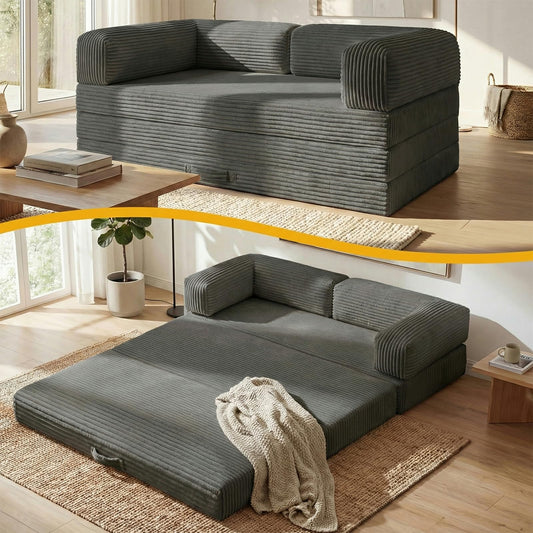 Tri-Folding Queen Futon Sofa Bed, Convertible 5" High-Density Foam Mattress, Foldable with Removable Armrests & Washable Cover, Small Couch Bed, Grey