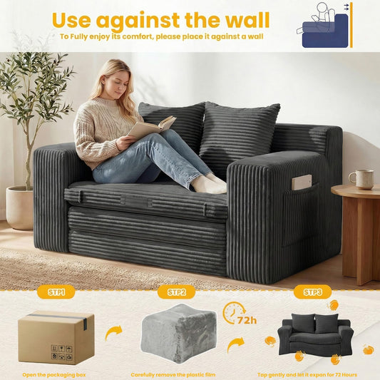 Boneless 3-in-1 Loveseat Sleeper Sofa Bed, Foldable Futon with Side Pockets & Handle, Pull-Out Couch with 2 Pillows, Corduroy Fabric, No Assembly