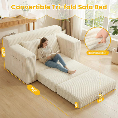 Boneless 3-in-1 Loveseat Sleeper Sofa Bed, Foldable Futon with Side Pockets & Handle, Pull-Out Couch with 2 Pillows, Corduroy, No Assembly