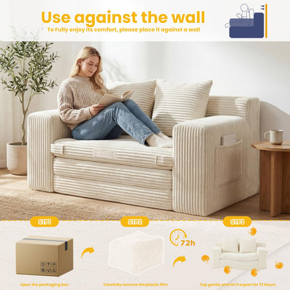 Boneless 3-in-1 Loveseat Sleeper Sofa Bed, Foldable Futon with Side Pockets & Handle, Pull-Out Couch with 2 Pillows, Corduroy, No Assembly
